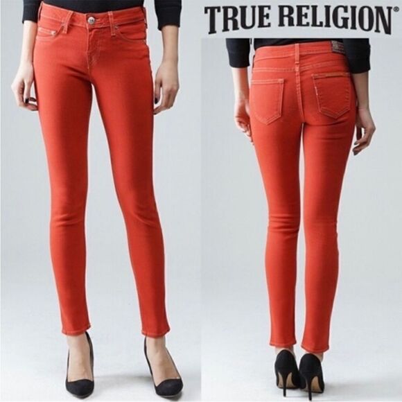 True Religion Halle Phantom American Flag Logo Tomato Red Skinny Jeans, Size 27 - Picture 1 of 16